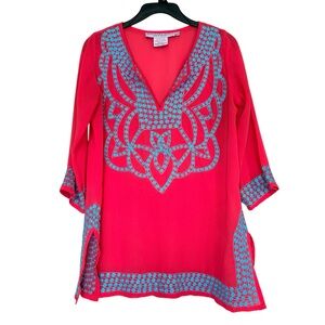 Gretchen Scott Design Women’s Sz S Embroidered Tunic Chiffon Top Split Neck